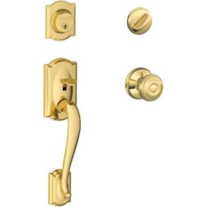 SCHLAGE Camelot Single Cylinder Handleset and Georgian Knob, Bright Brass (F60 CAM 605 GEO)((Pack of 1))