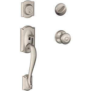 SCHLAGE Camelot Single Cylinder Handleset and Georgian Knob, Satin Nickel (F60 CAM 619 GEO)(Standard Interior Trim)