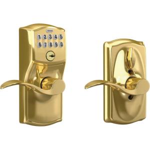 SCHLAGE FE595 CAM 619 ACC Camelot Keypad Entry with Flex-Lock and Accent Levers, Satin Nickel(Bright Brass)