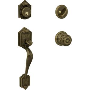 Schlage F60 V PAR 609 GEO Parthenon Front Entry Handleset with Georgian Knob, Deadbolt Keyed 1 Side, Antique Brass