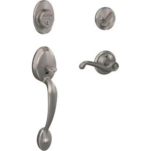 Schlage F60 V PLY 619 FLA Plymouth Front Entry Handleset with Flair Lever, Deadbolt Keyed 1 Side, Satin Nickel