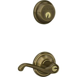 Schlage FB50 V FLA 609 Single Cylinder Deadbolt and Keyed Entry Flair Lever, Antique Brass