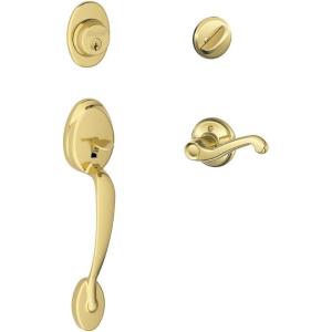 Schlage Lock Company Plymouth Single Cylinder Handleset and Left Hand Flair Lever, Bright Brass (F60 PLY 605 FLA LH)