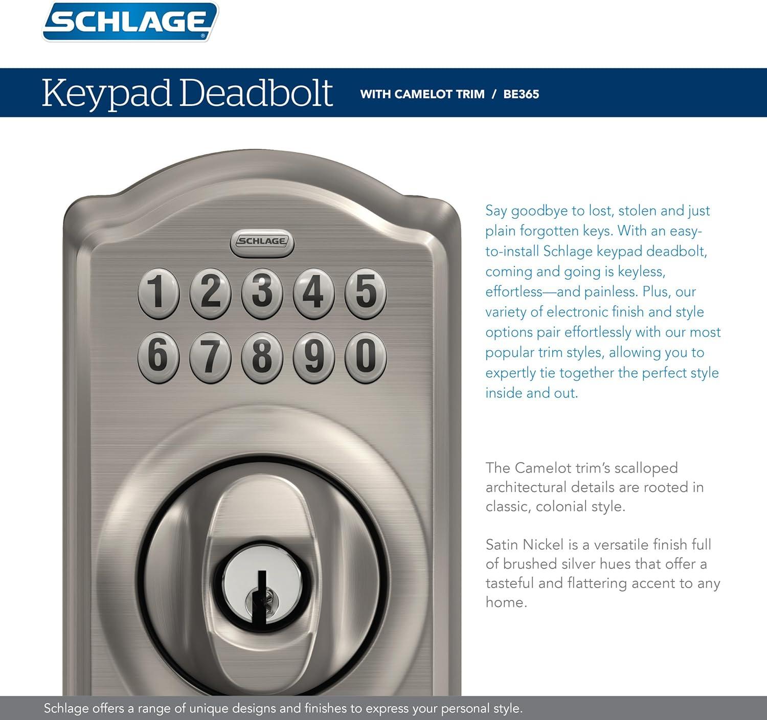 image:imageSchlage BE365 CAM 609 Camelot Keypad Deadbolt Electronic Keyless Entry Lock Antique Brass