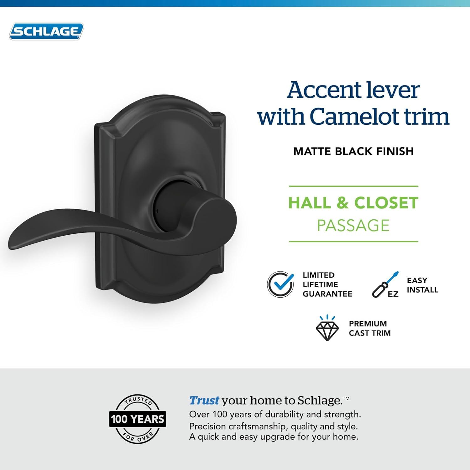 image:imageSchlage F10 ACC 622 CAM Accent Door Lever with Camelot Trim Hall amp Closet Passage Lock Matte BlackPassage