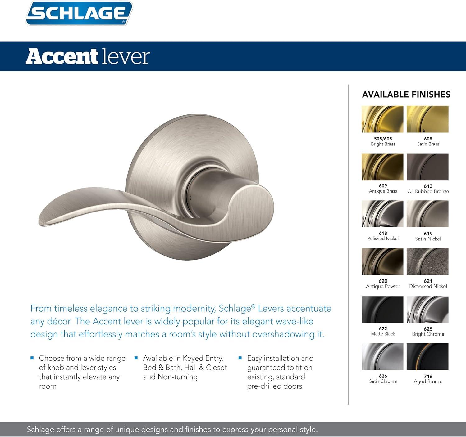 image:imageSchlage F10 V ACC 716 Accent Door Lever Hall amp Closet Passage Lock Aged Bronze1 Pack
