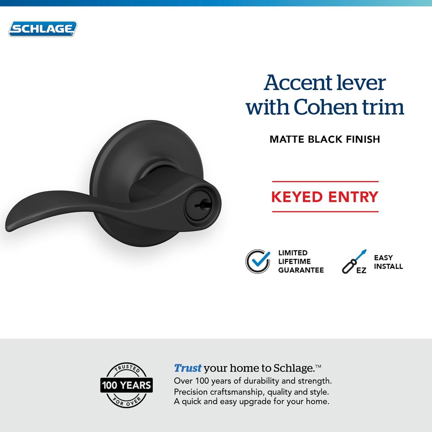image:imageSchlage F51A Acc 622 COH Accent Door Lever with Cohen Trim Keyed Entry Lock Matte Black