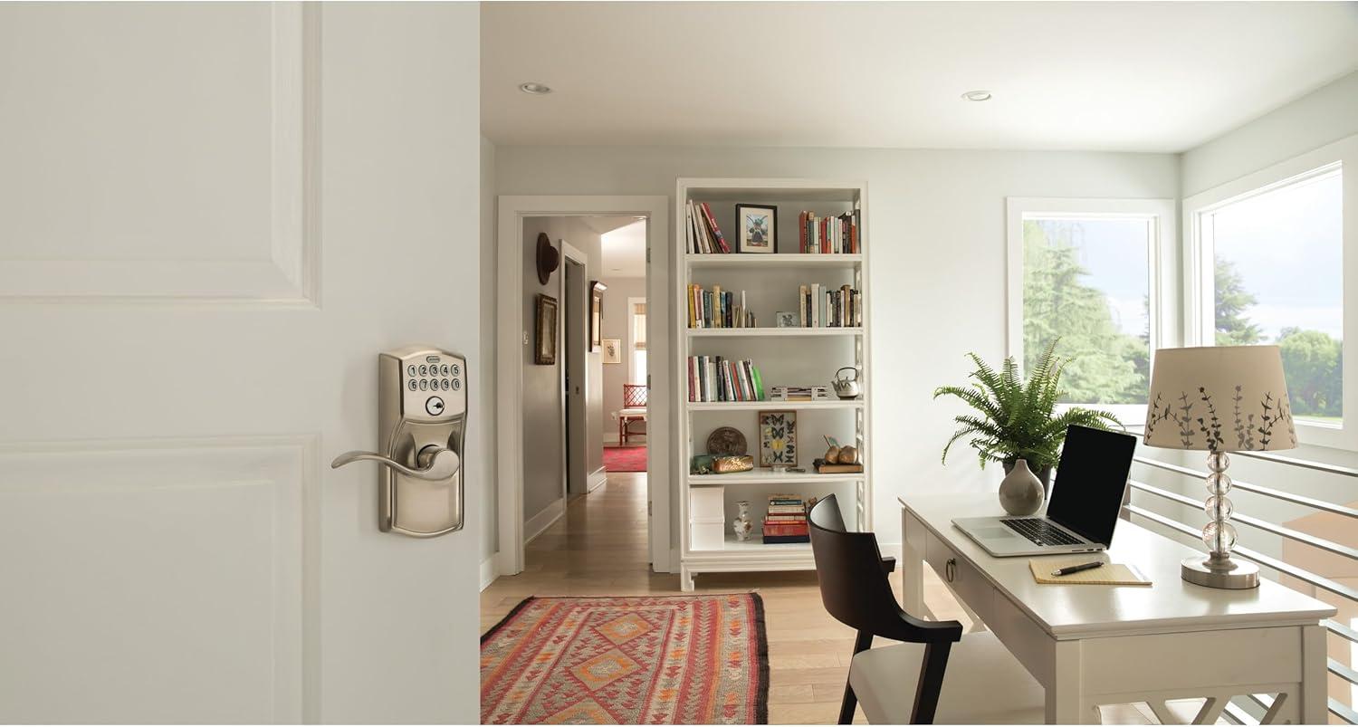 image:imageSCHLAGE Satin Nickel FE595VCAM619ACC Camelot Keypad Entry with FlexLock and Accent Levers