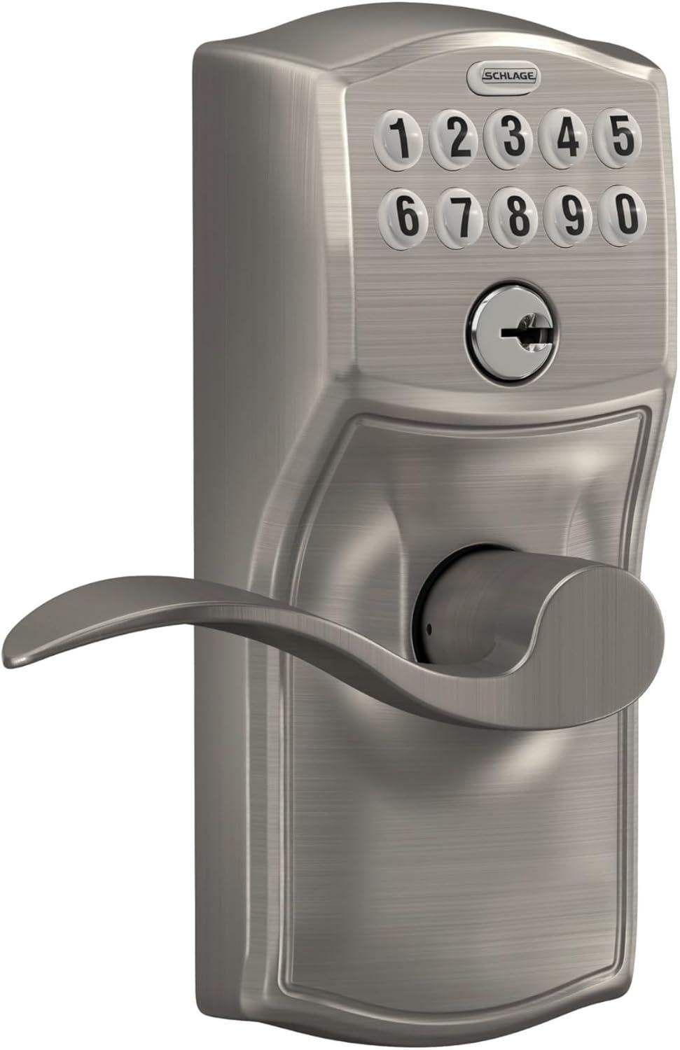 image:imageSCHLAGE Satin Nickel FE595VCAM619ACC Camelot Keypad Entry with FlexLock and Accent Levers