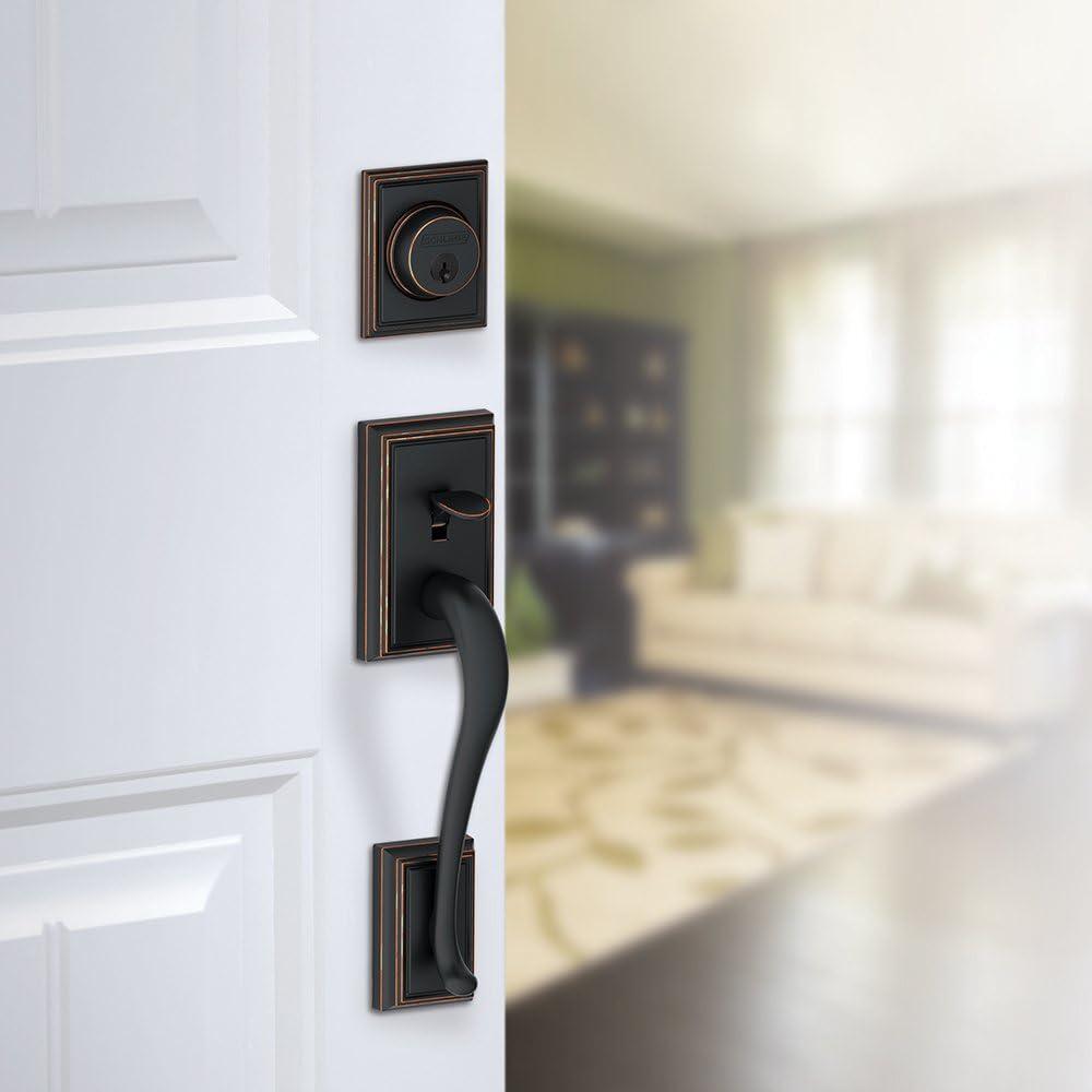 image:imageSchlage F58 ADD 622 Addison Exterior Handleset with Deadbolt Matte Black Exterior Half OnlyAged Bronze