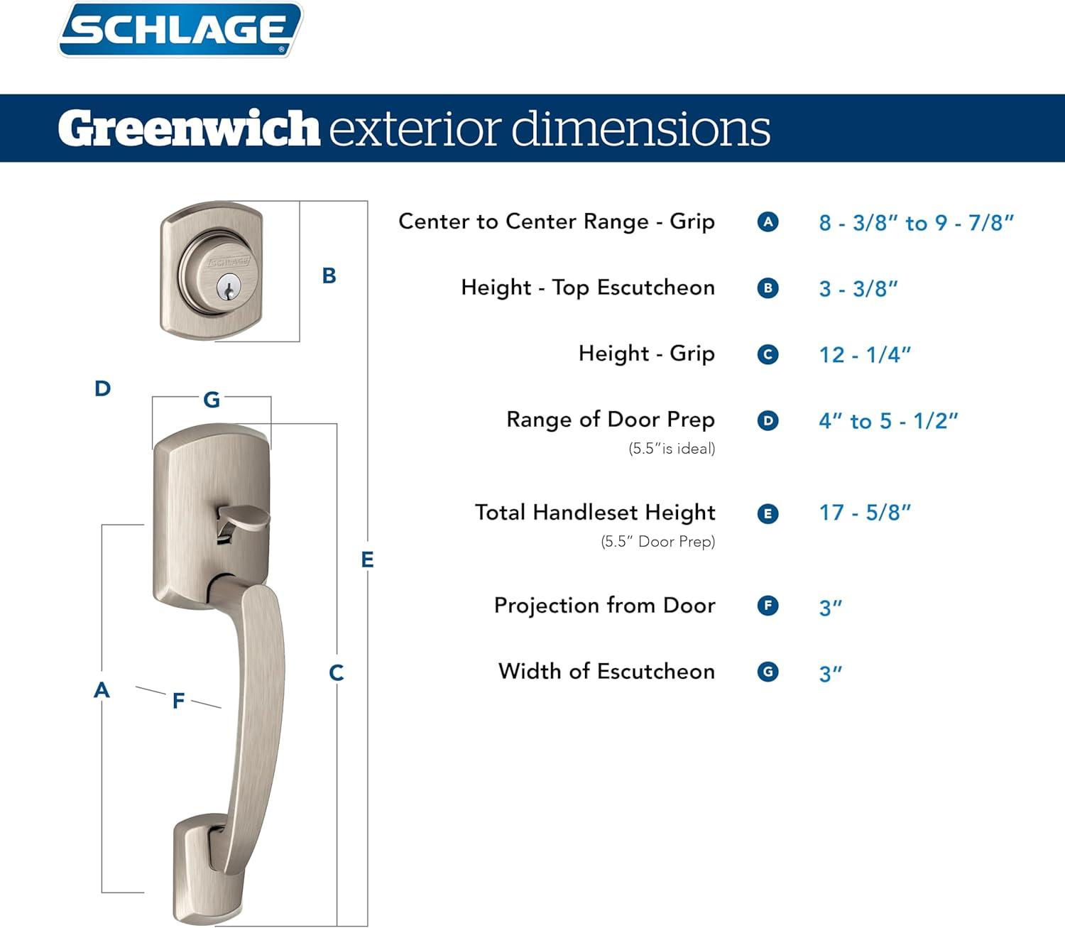 image:imageSchlage F60 GRW 608 LAT GRW Greenwich Front Entry Handleset with Latitude Door Lever Deadbolt Keyed 1 Side Satin Brass