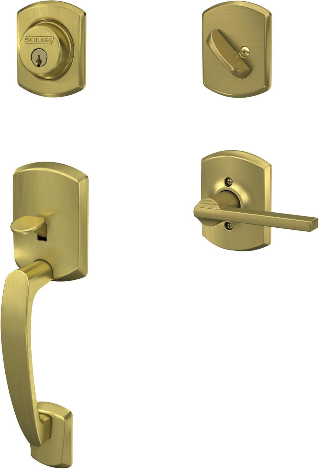 image:imageSchlage F60 GRW 608 LAT GRW Greenwich Front Entry Handleset with Latitude Door Lever Deadbolt Keyed 1 Side Satin Brass