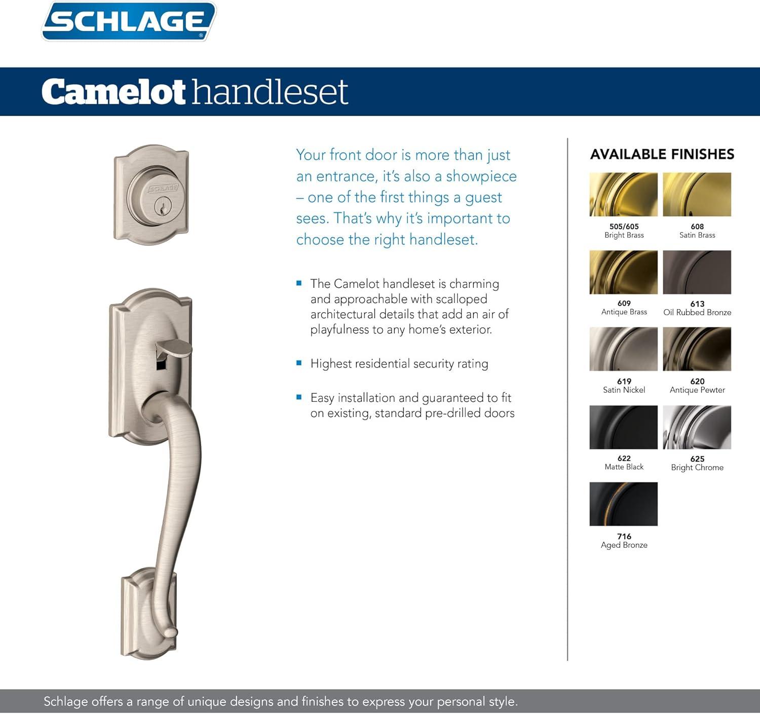 image:imageSchlage F60 V CAM 609 GEO Camelot Front Entry Handleset with Georgian Knob Deadbolt Keyed 1 Side Antique Brass