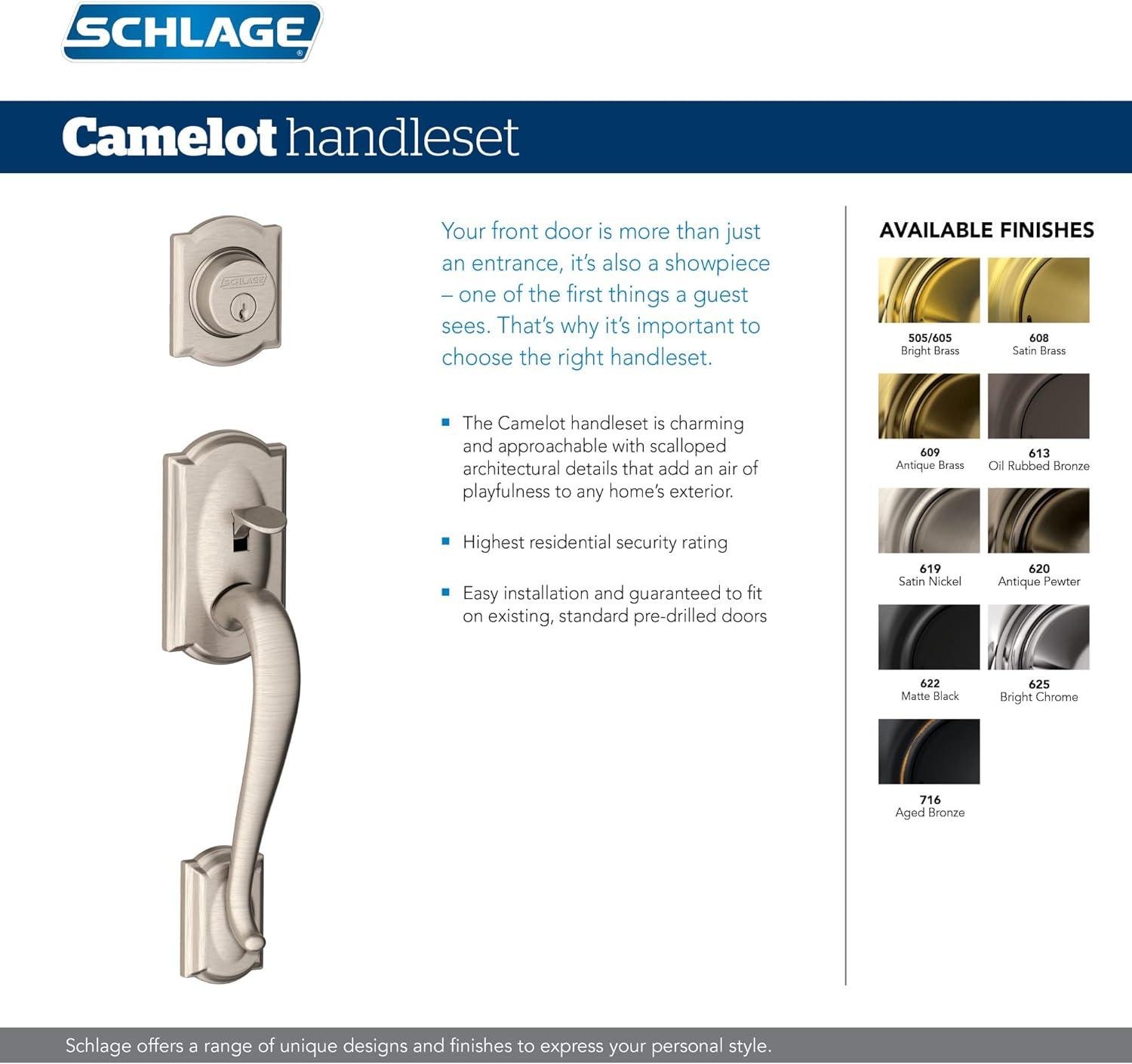 image:imageSchlage F60 V CAM 716 ACC Camelot Front Entry Handleset with Accent Lever Deadbolt Keyed 1 Side Aged BronzeSatin Nickel