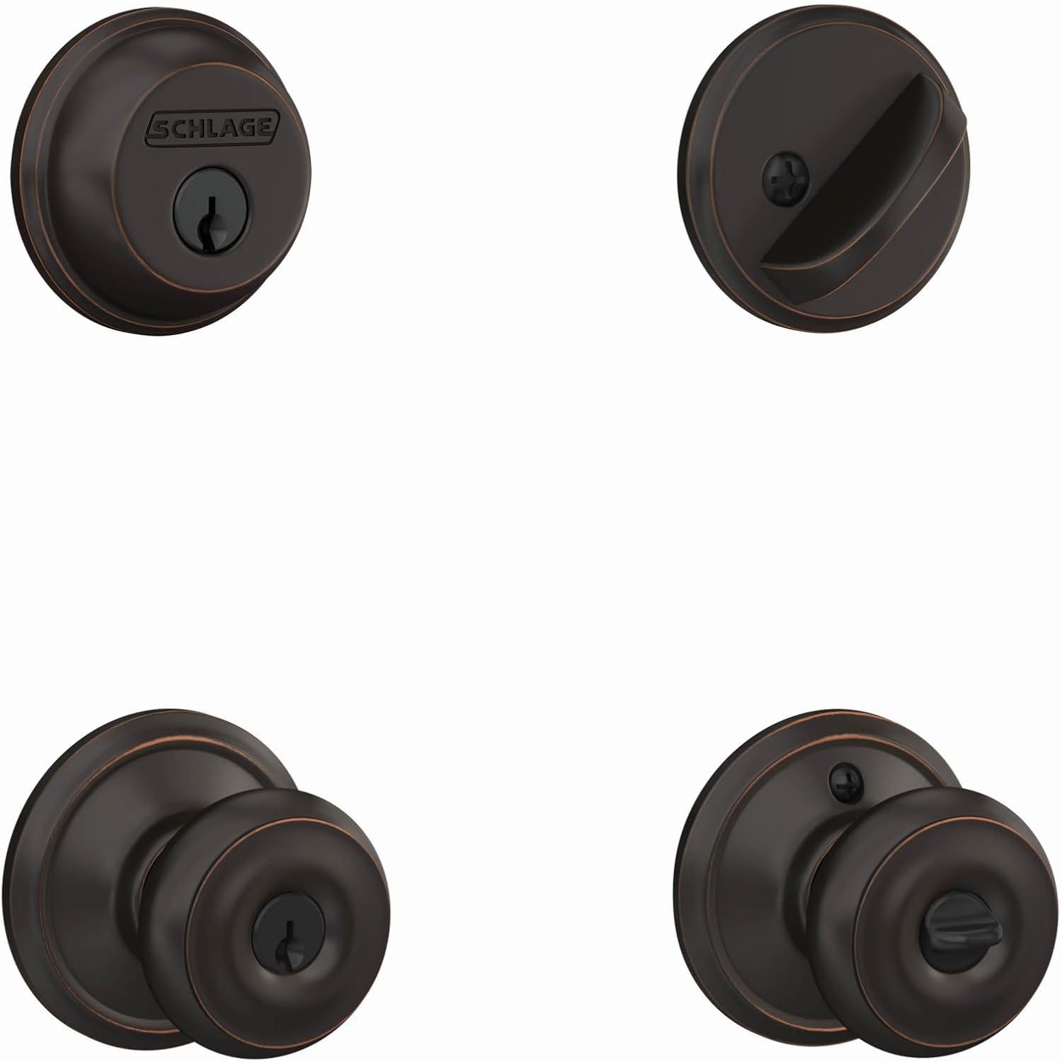 image:imageSchlage FB50 V GEO 609 Single Cylinder Deadbolt and Keyed Entry Georgian Knob Antique BrassAged Bronze