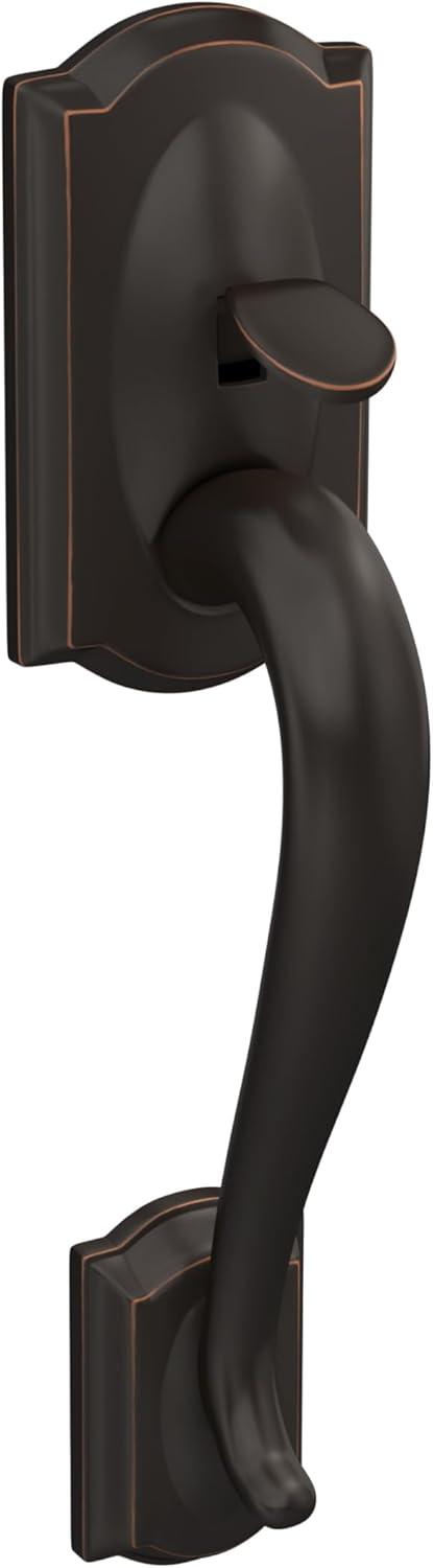 image:imageSchlage FE285 CAM 619 FLA LH Camelot Front Entry Handleset with LeftHanded Flair Lever Lower Half Grip Satin NickelAged Bronze