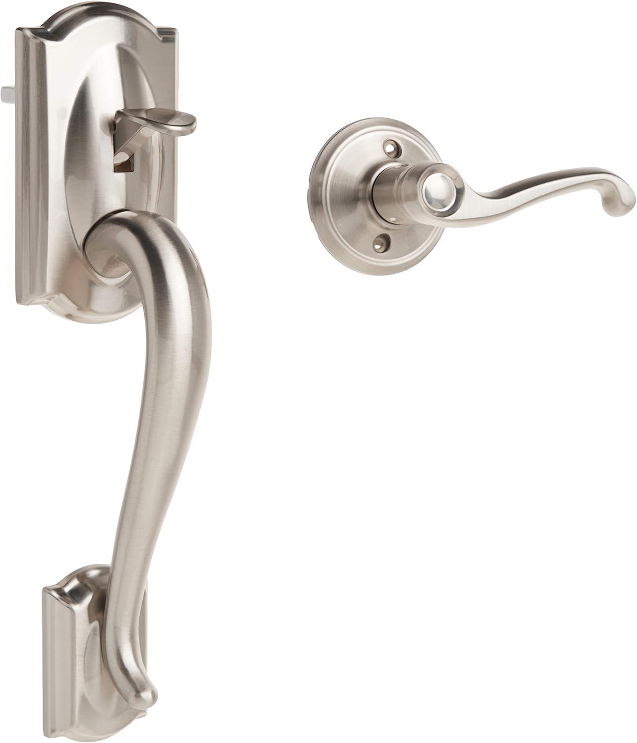 image:imageSchlage FE285 CAM 619 FLA LH Camelot Front Entry Handleset with LeftHanded Flair Lever Lower Half Grip Satin NickelSatin Nickel