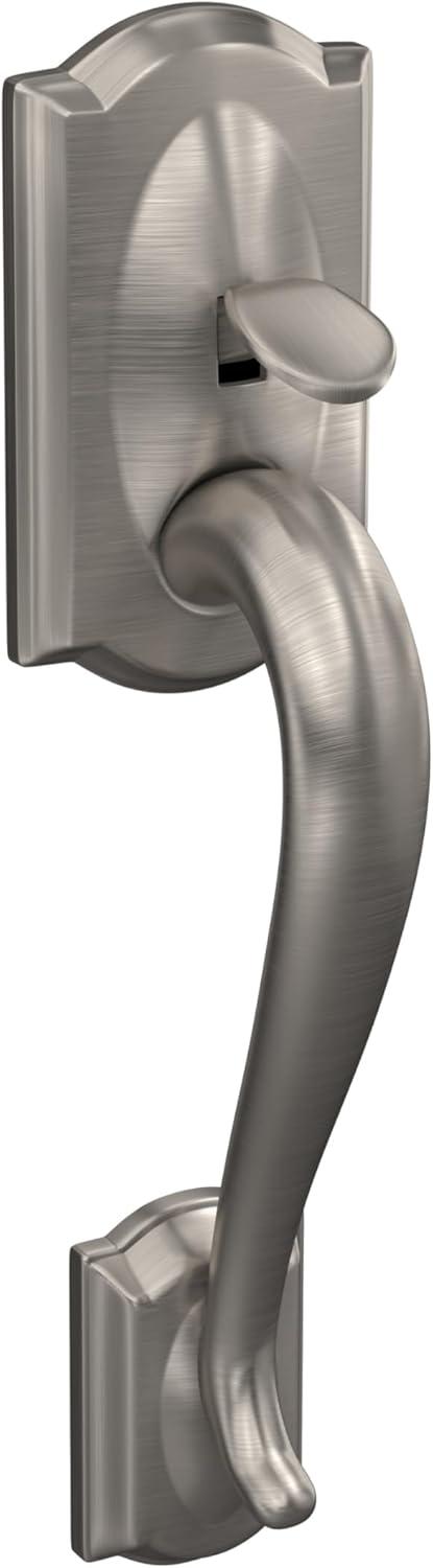 image:imageSchlage FE285 CAM 619 FLA LH Camelot Front Entry Handleset with LeftHanded Flair Lever Lower Half Grip Satin NickelSatin Nickel