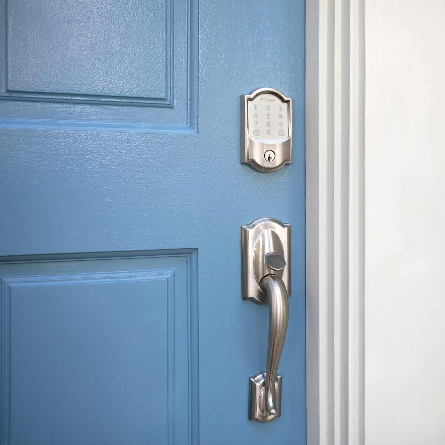 image:imageSchlage FE285 CAM 619 FLA LH Camelot Front Entry Handleset with LeftHanded Flair Lever Lower Half Grip Satin NickelSatin Nickel