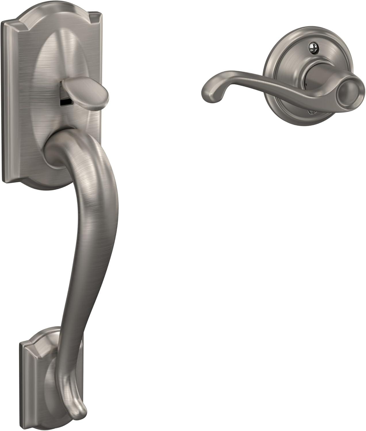 image:imageSchlage FE285 CAM 619 FLA LH Camelot Front Entry Handleset with LeftHanded Flair Lever Lower Half Grip Satin NickelSatin Nickel