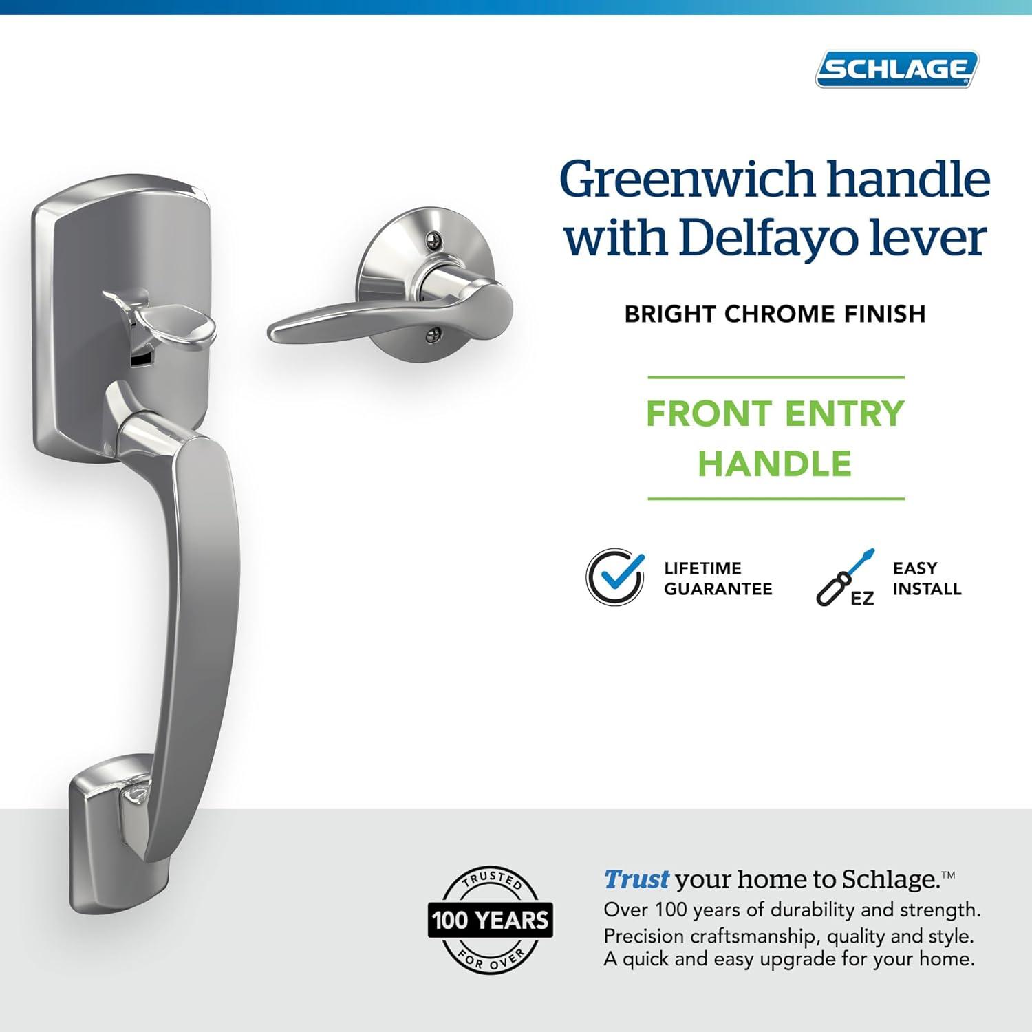 image:imageSchlage FE285 GRW 622 DEL RH Greenwich Front Entry Handleset with Right Handed Delfayo Door Lever Lower Half Grip Matte BlackBright Chrome