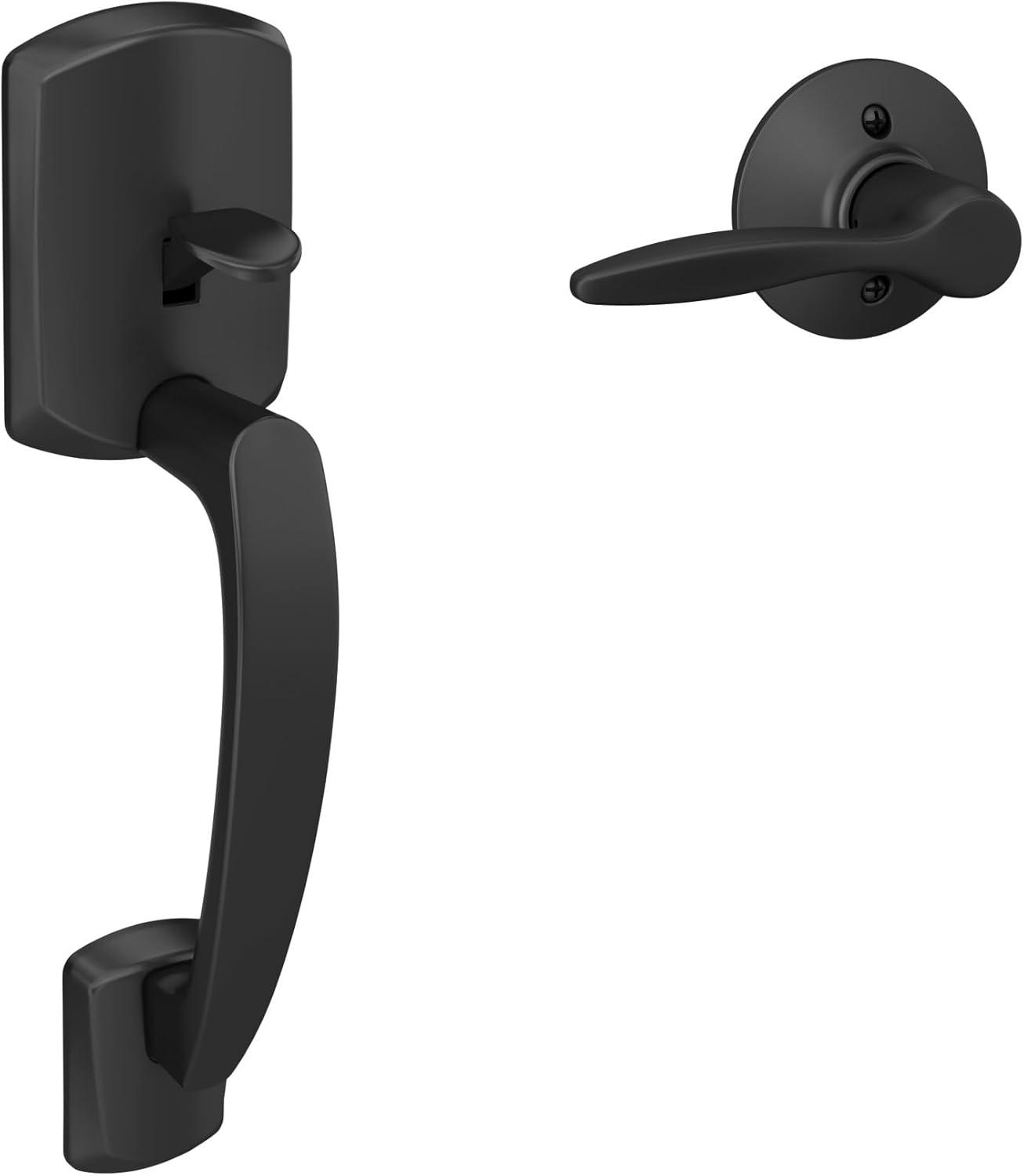 image:imageSchlage FE285 GRW 622 DEL RH Greenwich Front Entry Handleset with Right Handed Delfayo Door Lever Lower Half Grip Matte BlackMatte Black