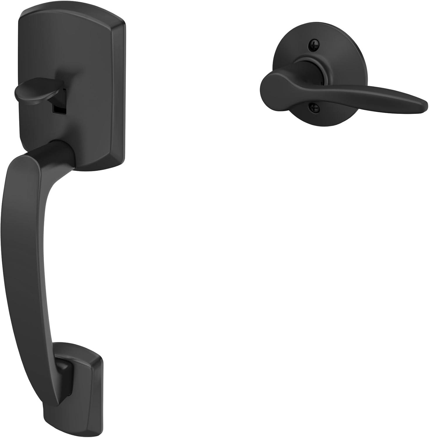 image:imageSchlage FE285 GRW 622 DEL RH Greenwich Front Entry Handleset with Right Handed Delfayo Door Lever Lower Half Grip Matte BlackMatte Black