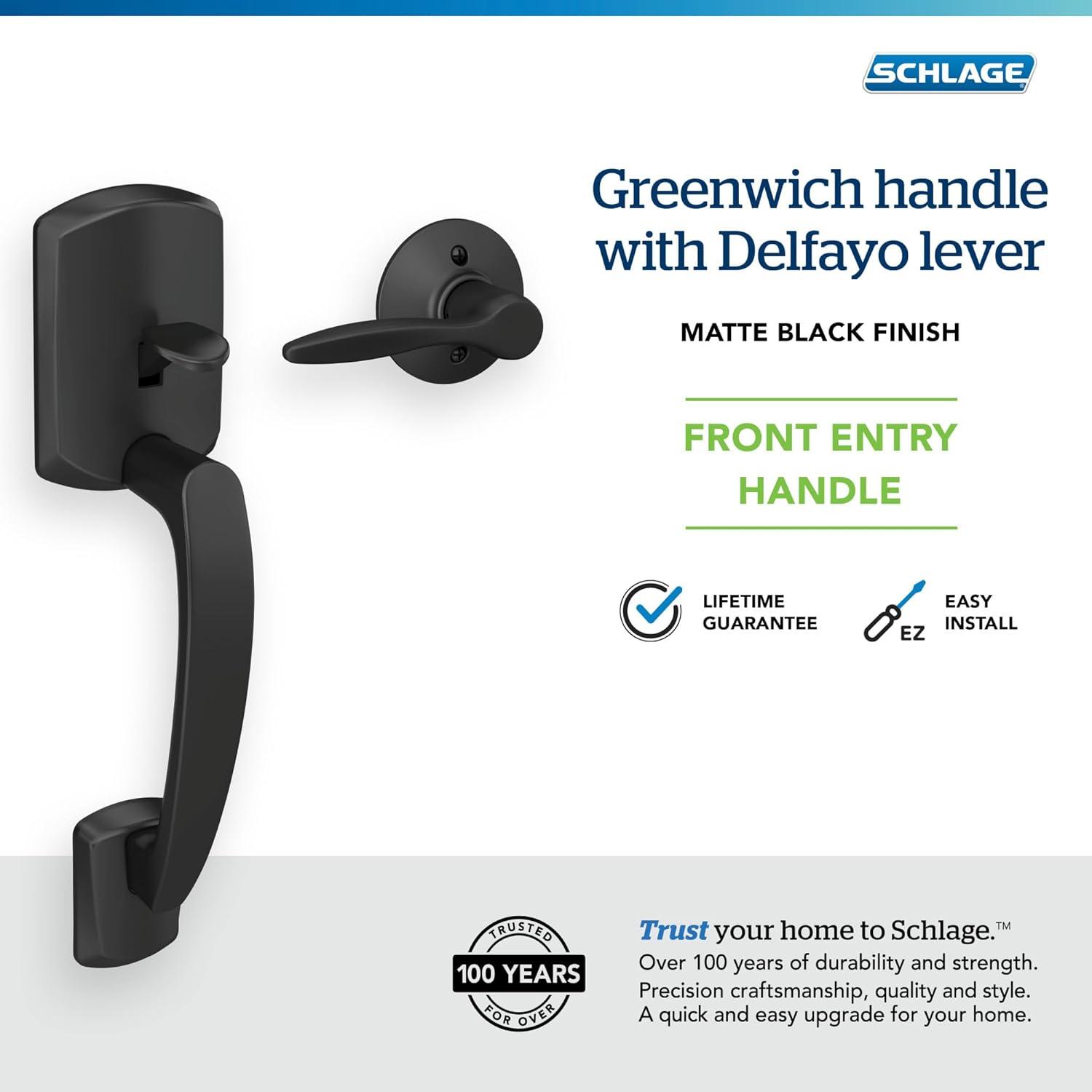 image:imageSchlage FE285 GRW 622 DEL RH Greenwich Front Entry Handleset with Right Handed Delfayo Door Lever Lower Half Grip Matte BlackMatte Black