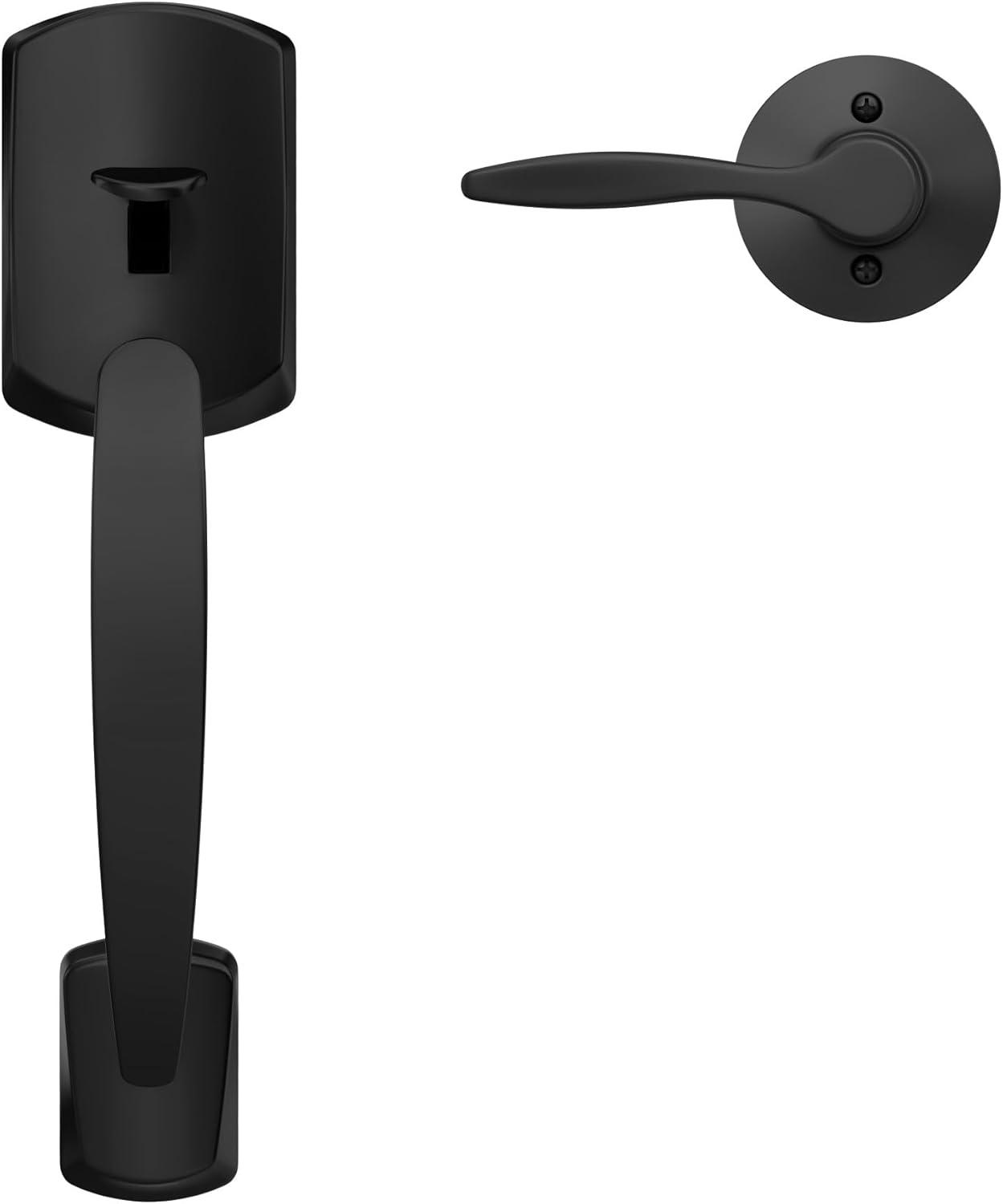 image:imageSchlage FE285 GRW 622 DEL RH Greenwich Front Entry Handleset with Right Handed Delfayo Door Lever Lower Half Grip Matte BlackMatte Black