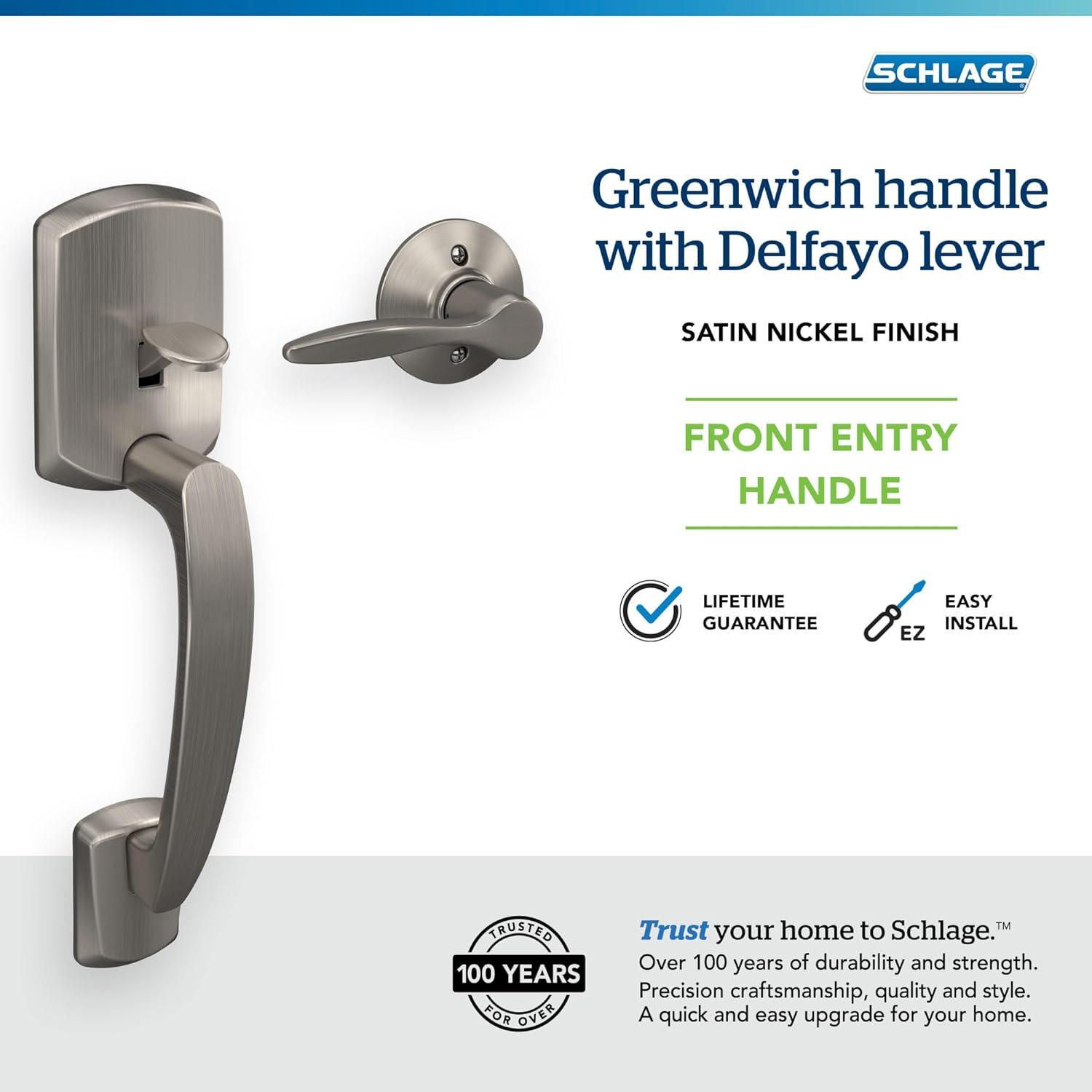 image:imageSchlage FE285 GRW 622 DEL RH Greenwich Front Entry Handleset with Right Handed Delfayo Door Lever Lower Half Grip Matte BlackSatin Nickel