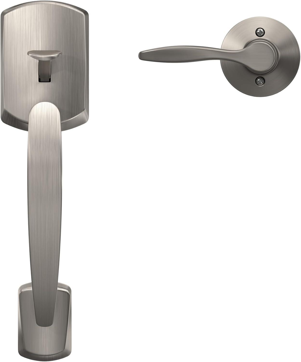 image:imageSchlage FE285 GRW 622 DEL RH Greenwich Front Entry Handleset with Right Handed Delfayo Door Lever Lower Half Grip Matte BlackSatin Nickel
