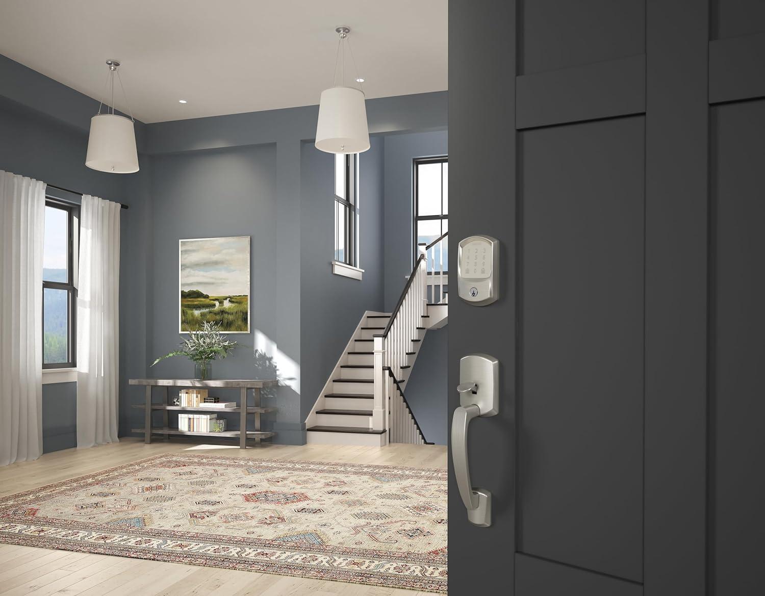 image:imageSchlage FE285 GRW 622 DEL RH Greenwich Front Entry Handleset with Right Handed Delfayo Door Lever Lower Half Grip Matte BlackSatin Nickel