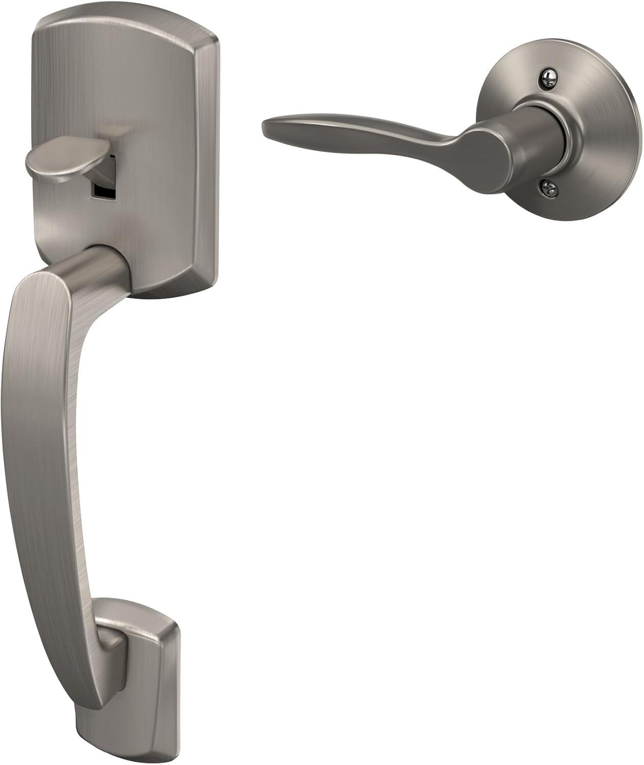 image:imageSchlage FE285 GRW 622 DEL RH Greenwich Front Entry Handleset with Right Handed Delfayo Door Lever Lower Half Grip Matte BlackSatin Nickel