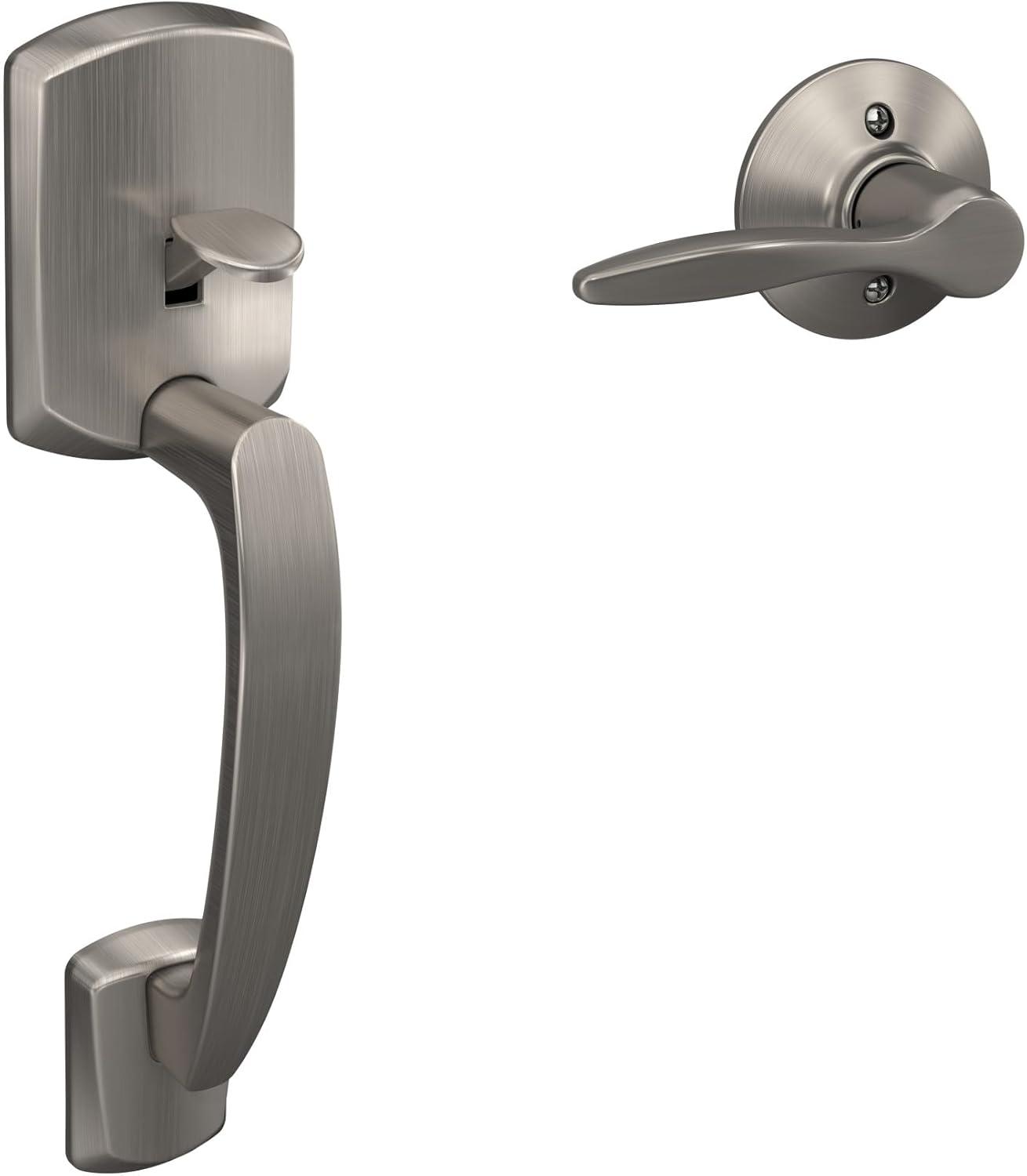 image:imageSchlage FE285 GRW 622 DEL RH Greenwich Front Entry Handleset with Right Handed Delfayo Door Lever Lower Half Grip Matte BlackSatin Nickel