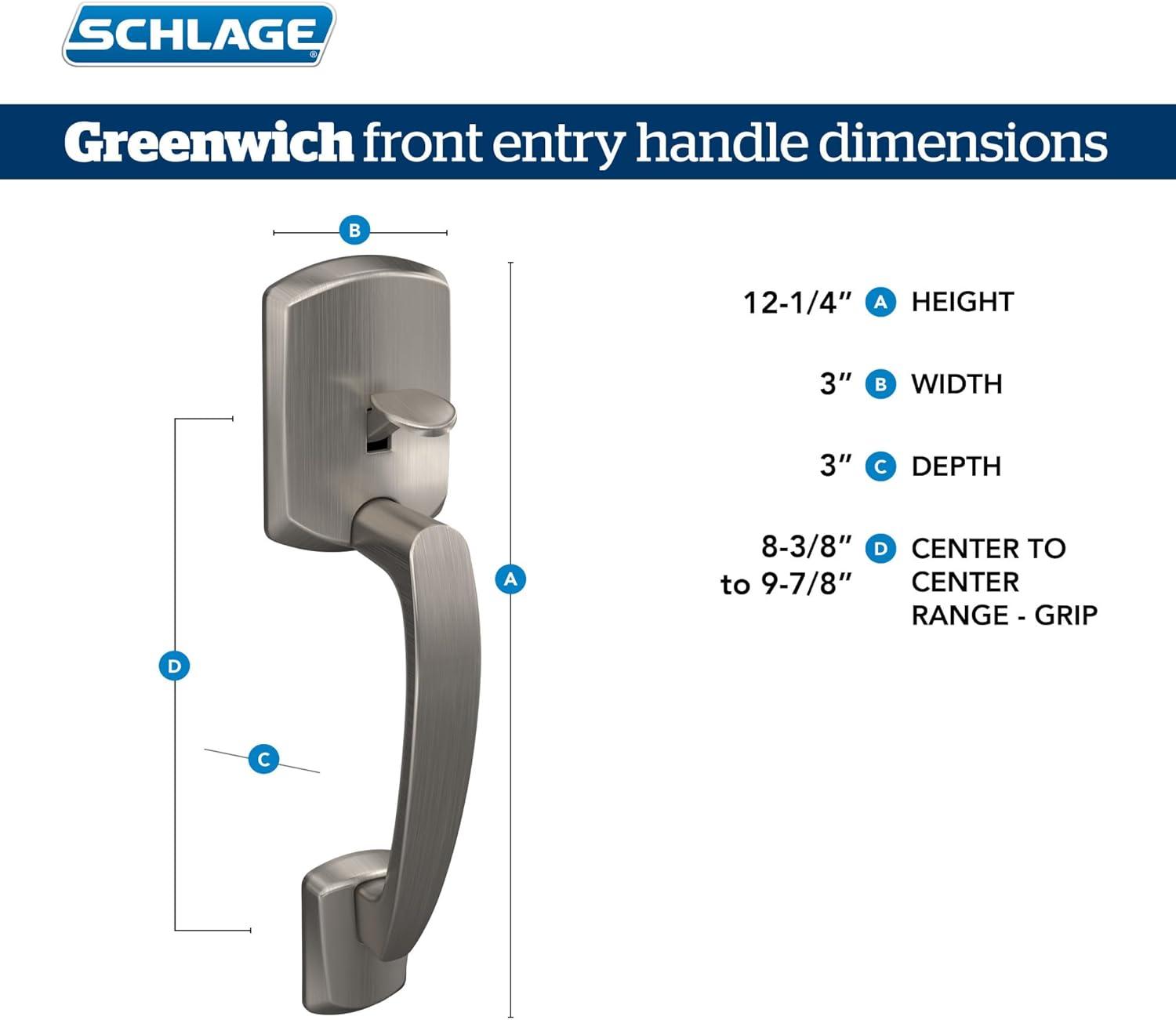 image:imageSchlage FE285 GRW 622 DEL RH Greenwich Front Entry Handleset with Right Handed Delfayo Door Lever Lower Half Grip Matte BlackSatin Nickel