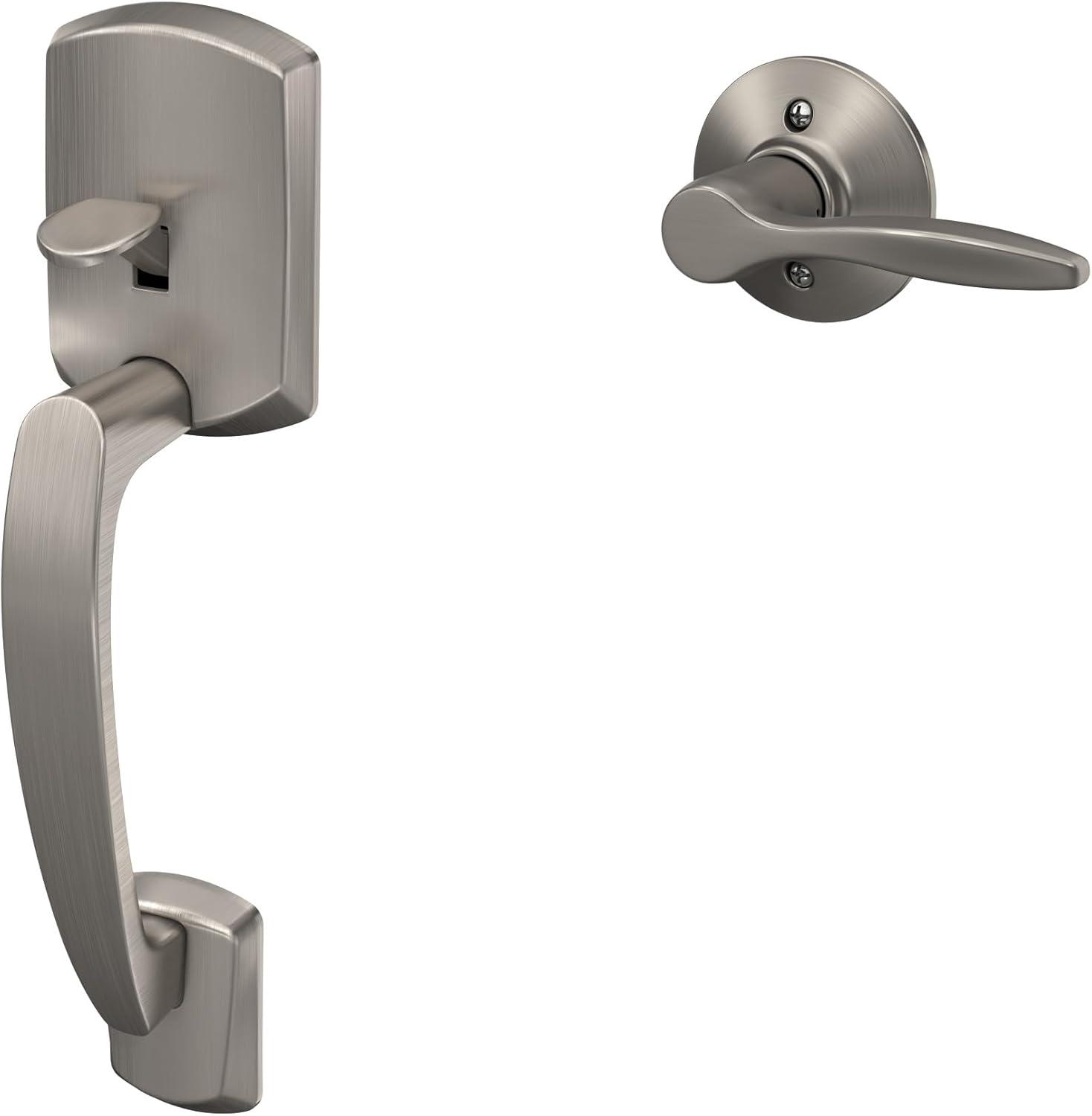 image:imageSchlage FE285 GRW 622 DEL RH Greenwich Front Entry Handleset with Right Handed Delfayo Door Lever Lower Half Grip Matte BlackSatin Nickel