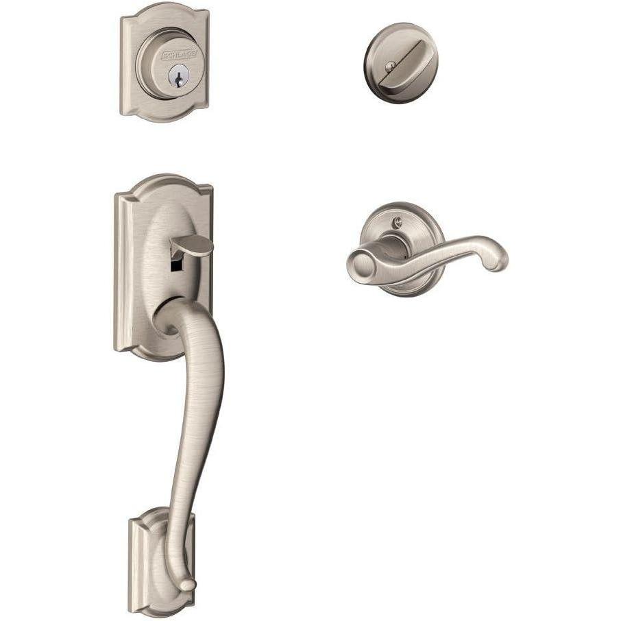 image:imageSCHLAGE Camelot Single Cylinder Handleset and Left Hand Flair Lever Satin Nickel F60 CAM 619 FLA LH