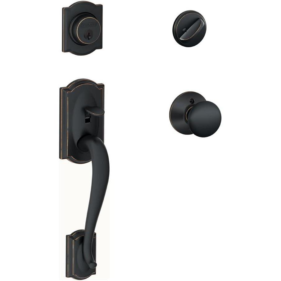 image:imageSCHLAGE Camelot Single Cylinder Handleset and Plymouth Knob Aged Bronze F60 CAM 716 PLYStandard Interior Trim