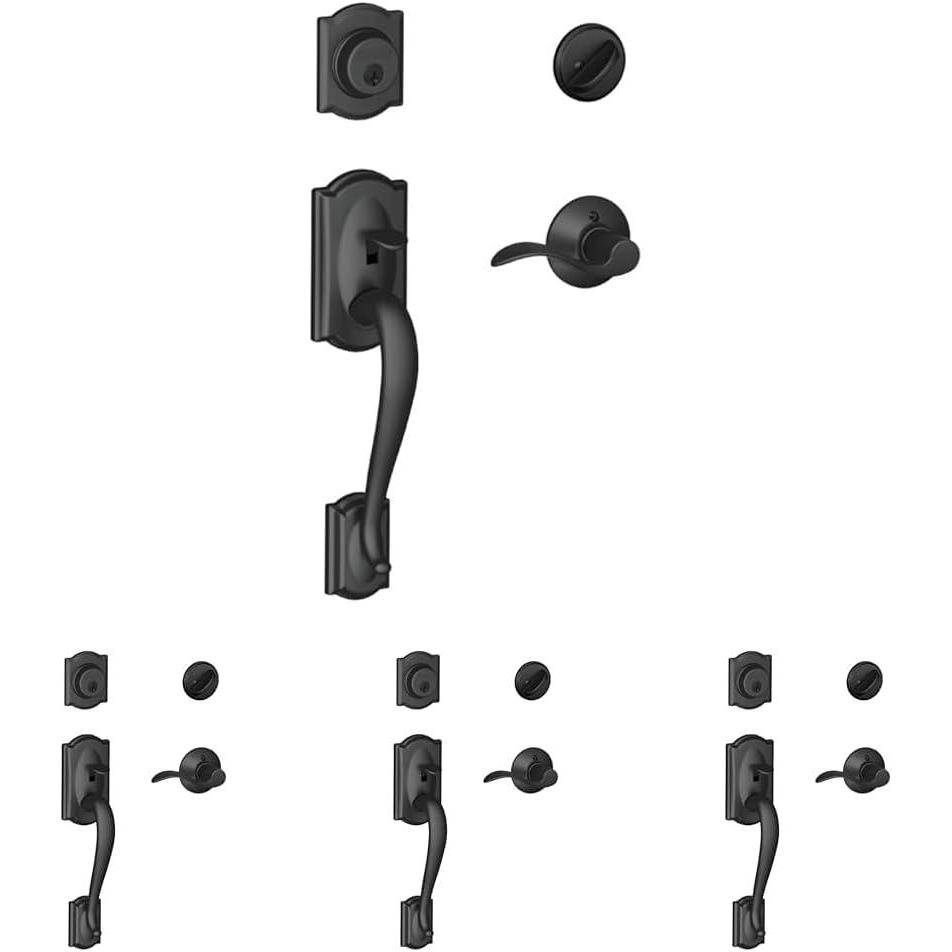 image:imageSCHLAGE Camelot Single Cylinder Handleset and Right Hand Accent Lever Matte Black F60 CAM 622 Acc RHStandard Interior Trim Pack of 4