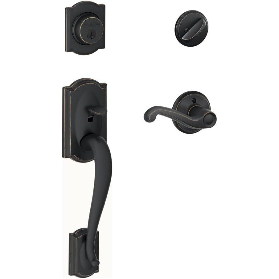 image:imageSCHLAGE Camelot Single Cylinder Handleset and Right Hand Flair Lever Aged Bronze F60 CAM 716 FLA RH