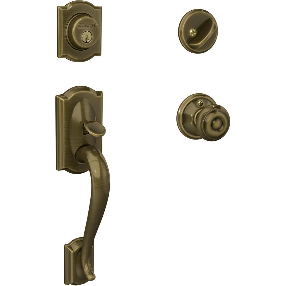 image:imageSchlage F60 V CAM 609 GEO Camelot Front Entry Handleset with Georgian Knob Deadbolt Keyed 1 Side Antique Brass