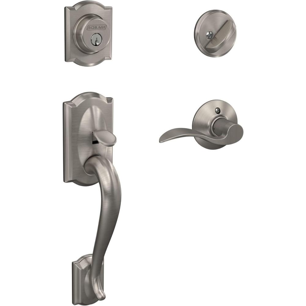 image:imageSchlage F60 V CAM 716 ACC Camelot Front Entry Handleset with Accent Lever Deadbolt Keyed 1 Side Aged BronzeSatin Nickel