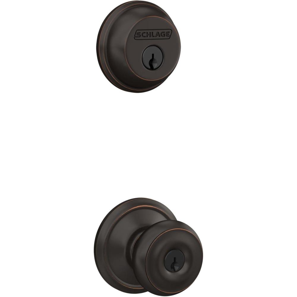 image:imageSchlage FB50 V GEO 609 Single Cylinder Deadbolt and Keyed Entry Georgian Knob Antique BrassAged Bronze