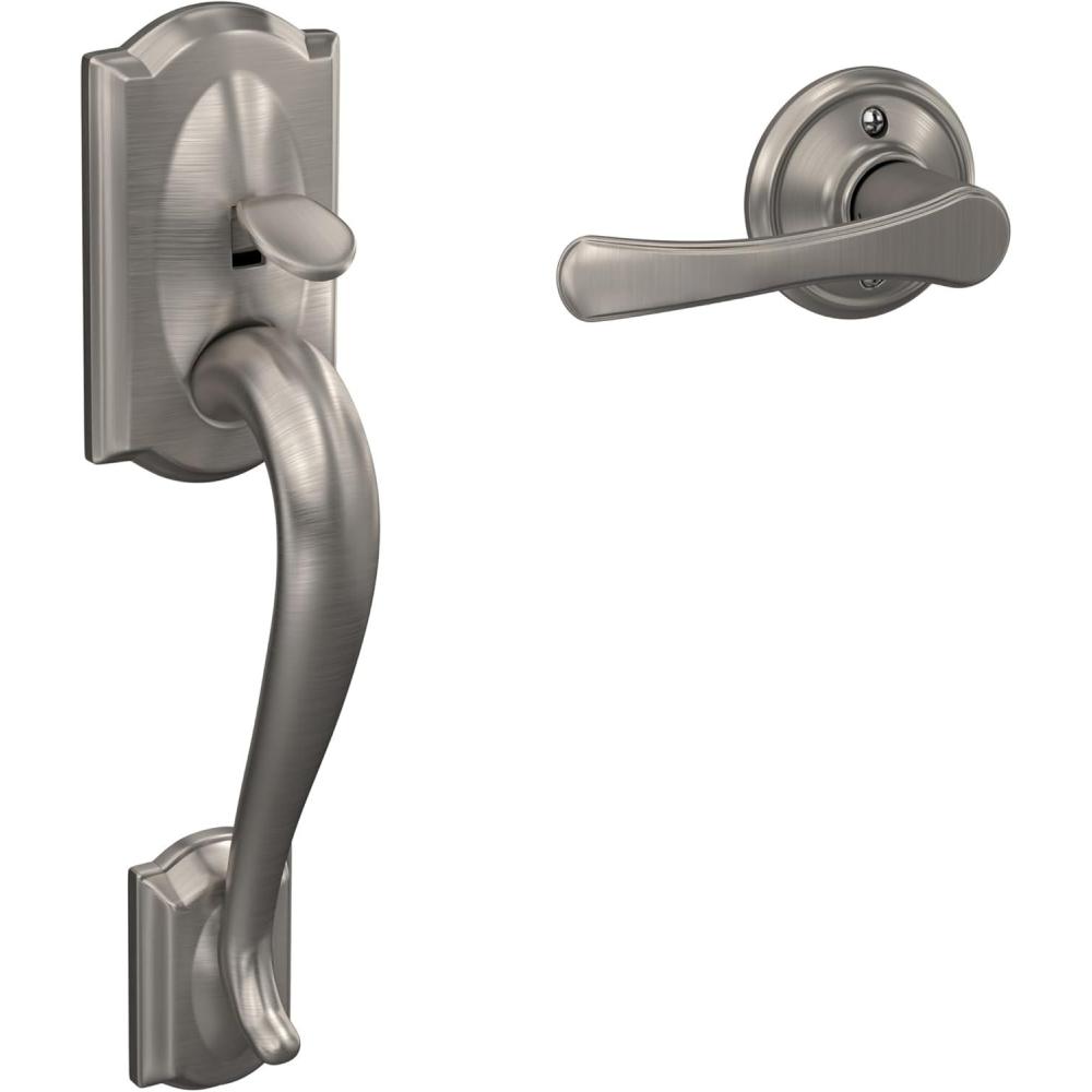 image:imageSchlage FE285 CAM 619 FLA LH Camelot Front Entry Handleset with LeftHanded Flair Lever Lower Half Grip Satin NickelSatin Nickel