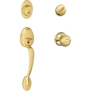 Plymouth Single Cylinder Handleset and Georgian Knob, Bright Brass (F60 PLY 505 GEO 605)(Bright Brass)