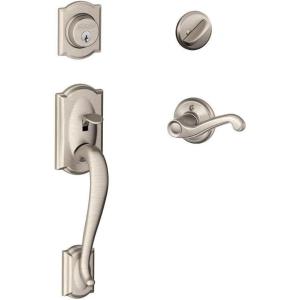 SCHLAGE Camelot Single Cylinder Handleset and Left Hand Flair Lever, Satin Nickel (F60 CAM 619 FLA LH)
