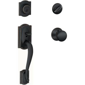 SCHLAGE Camelot Single Cylinder Handleset and Plymouth Knob, Aged Bronze (F60 CAM 716 PLY)(Standard Interior Trim)
