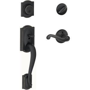SCHLAGE Camelot Single Cylinder Handleset and Right Hand Flair Lever, Aged Bronze (F60 CAM 716 FLA RH)