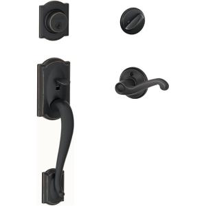SCHLAGE Lock Company Camelot Single Cylinder Handleset and Left Hand Flair Lever, Aged Bronze (F60 CAM 716 FLA LH)