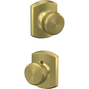 Schlage F10 BWE 608 GRW Bowery Door Knob with Greenwich Trim, Hall & Closet Passage Lock, Satin Brass